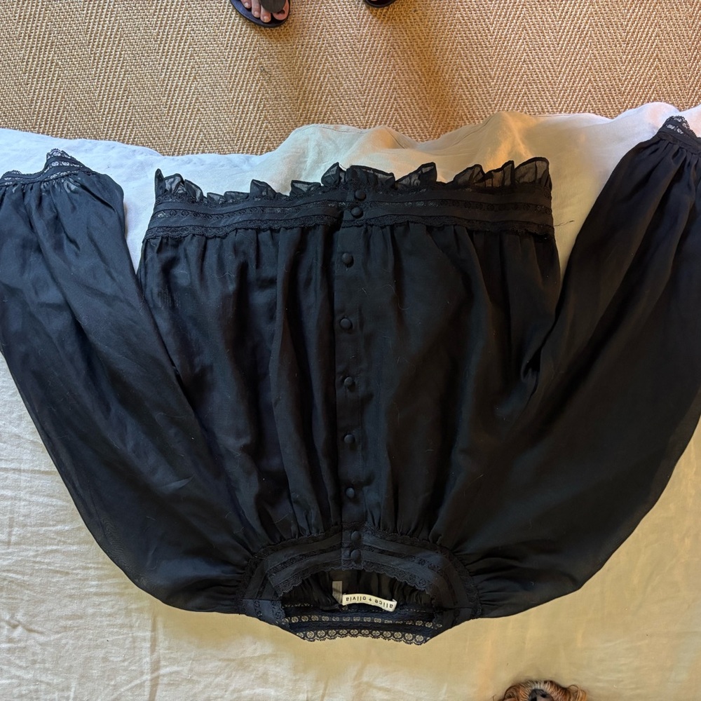 Alice + Olivia Black sheer Lace Trim Top